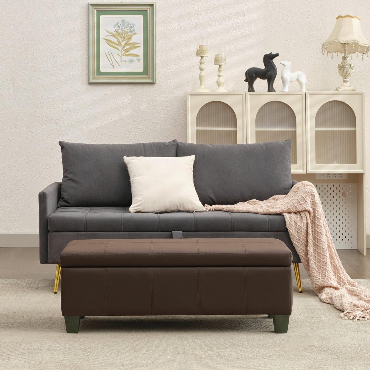 Kavya Aura 41 Inch Premium Leatherette Upholstered Contemporary Rectangular Storage Ottoman Bench with Safety Hinge | Thick High-Density Foam Cushion | Wooden Legs | Brown-image-3