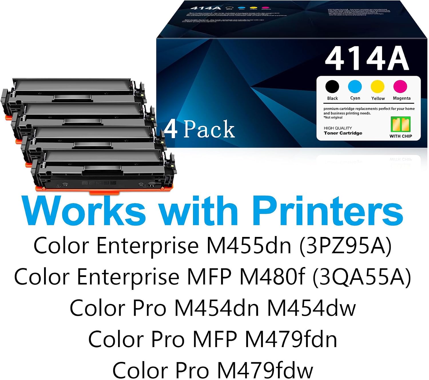 414A Toner Cartridges Replacement for 414A Toner Cartridges 4 Pack M479fdw M479fdn M454dw M454dn M479dw M455dn Enterprise M455dn M480f Printer W2020A W2021A W2022A W2023A 414A (with Chip)