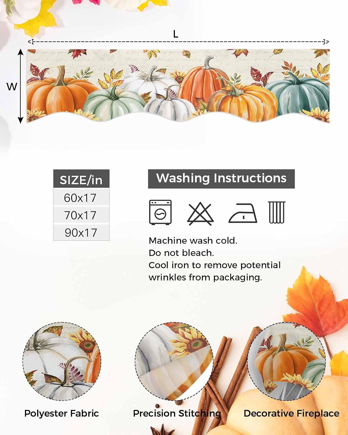Fall Mantel Scarf for Fireplace, Vintage Harvest Pumpkin Flower Autumn Leaf Fireplace Cover Decorations Indoor Mantel Top Scarf Runner for Home Living Room Holiday Party, 17 x 70 Inch