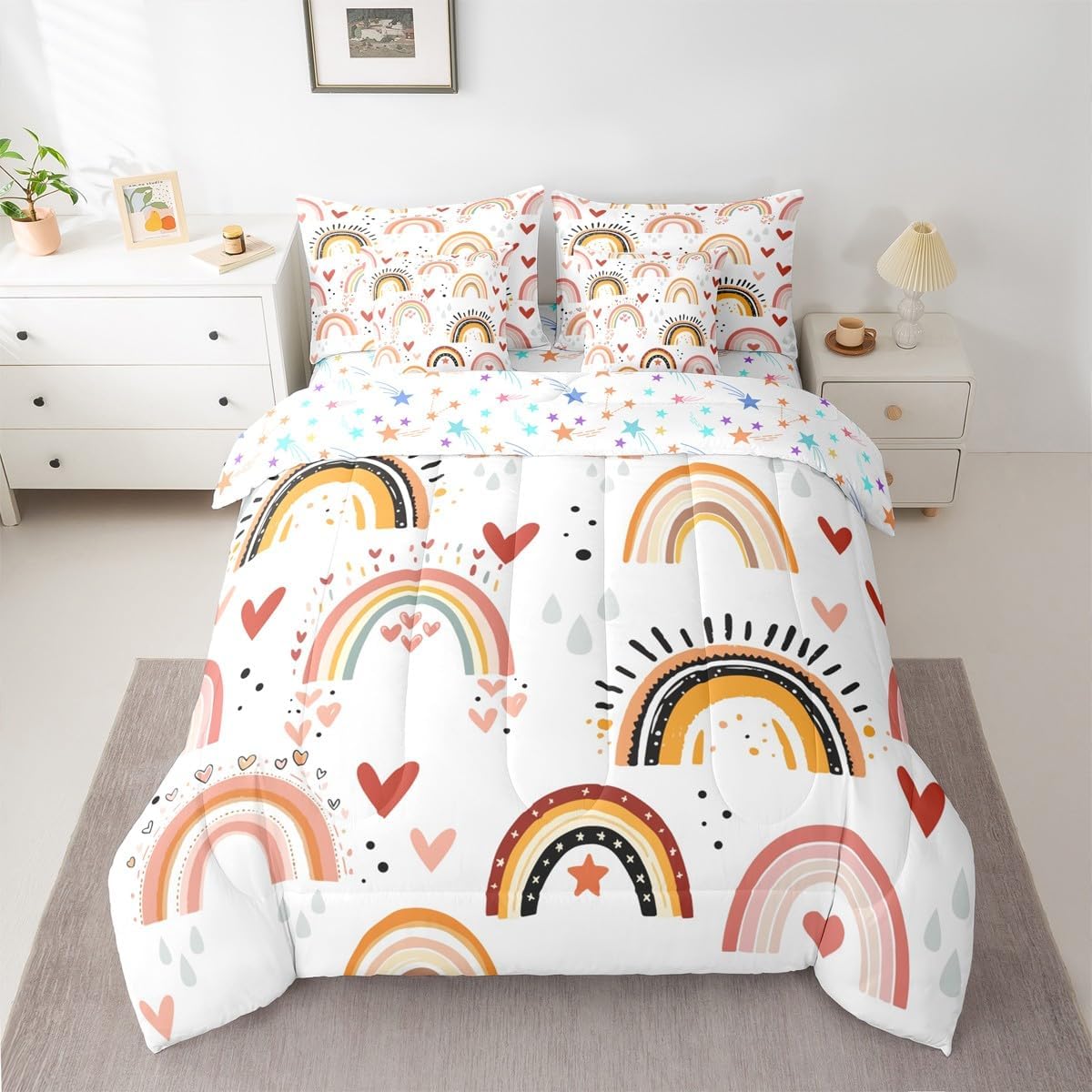 Erosebridal Rainbow Full Size 7 Piece Bedding Set for Kids Red Love Heart Kawaii Bed in A Bag Bohemian Exotic Comforter Set for Girls Teens Bedroom Decor Hand Drawn Iridescent Bed Sets, Colorful image 2