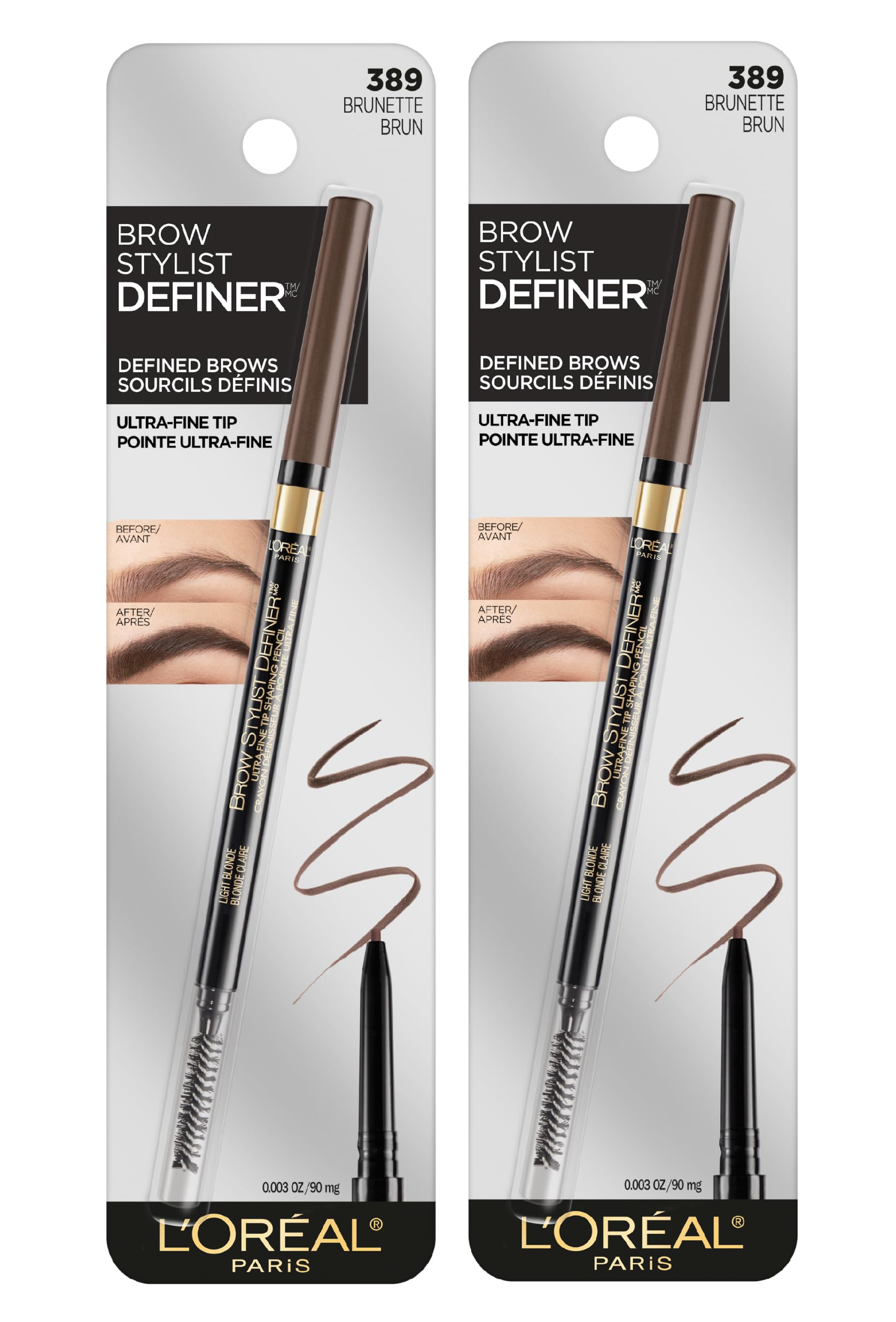 L'Oreal Paris Makeup Brow Stylist Definer Waterproof Eyebrow Pencil, Ultra-Fine Mechanical Pencil, Draws Tiny Brow Hairs and Fills in Sparse Areas and Gaps, Brunette, 0.003 Ounce (Pack of 2)