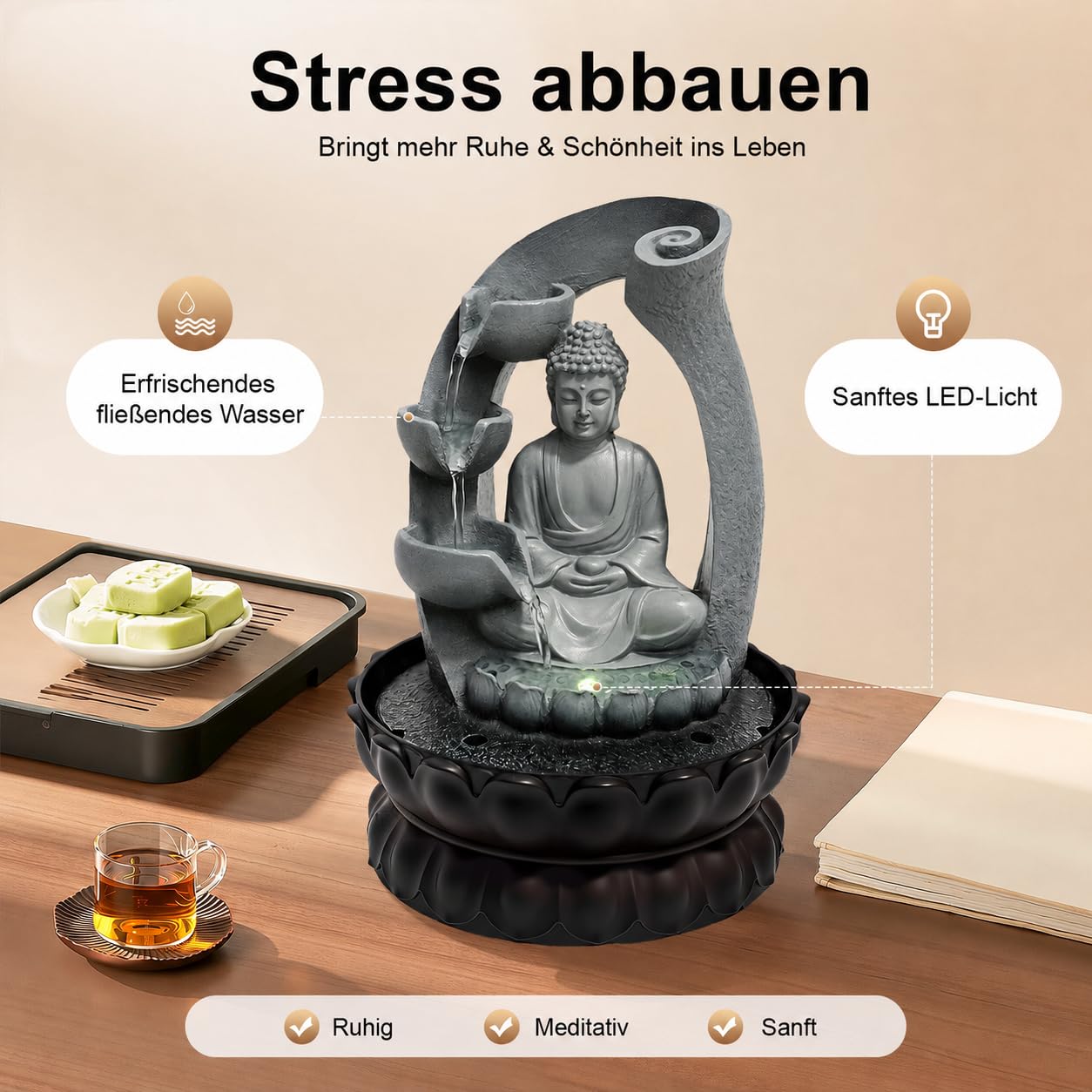 Zimmerbrunnen mit Buddha, 21 * 28cm Tischbrunnen mit LED Beleuchtung und Geräuschloser Pumpe für Heimdekoration, Teehäuser, Clubs, Geschäftsräume