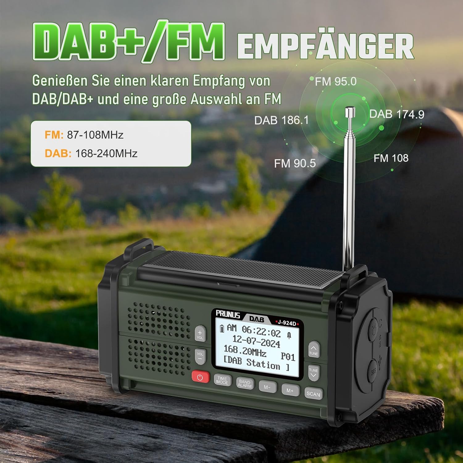 PRUNUS J-924 radio displaying DAB and FM frequencies with extended antenna
