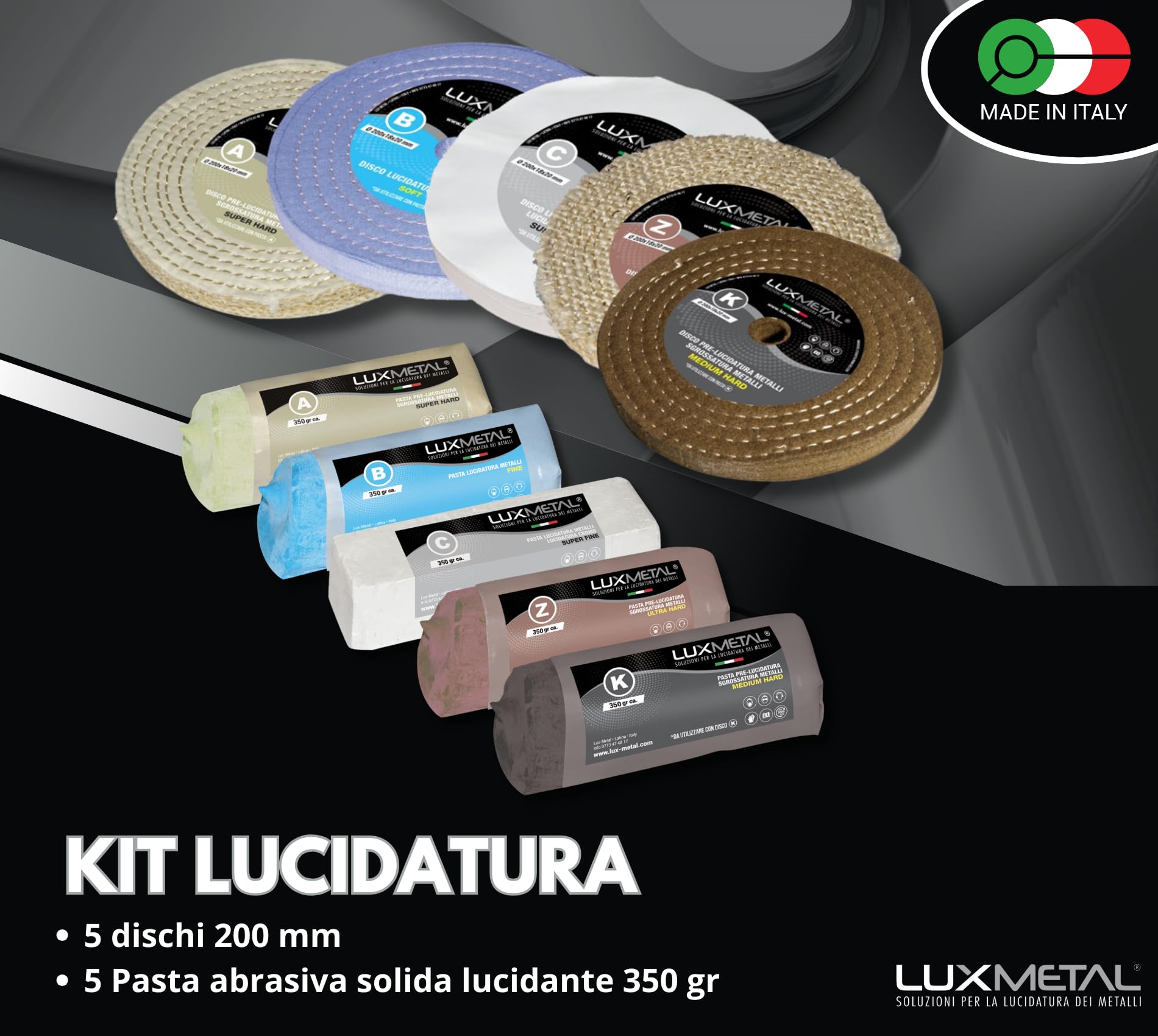 Lux Metal - Kit 5 Disco Lucidante 200 mm e 5 Pasta Abrasiva Lucidante 350 gr - Per Alluminio, Ferro, Acciaio Inox, Bronzo, Marmo - Ruota Lucidatura Metalli Mola Smerigliatrice Feltro