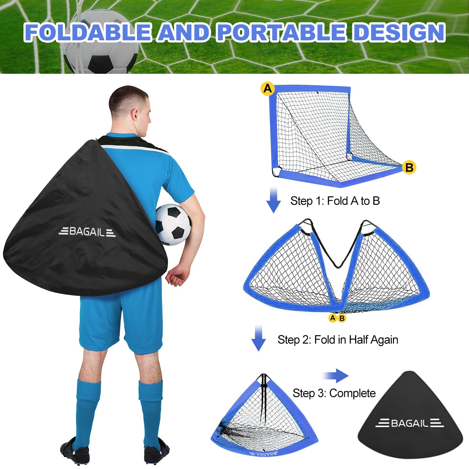 Bagail Football Goal, Pop up rete da calcio con obiettivo obiettivo, picchetti di terra e borsa portatile da trasporto, facile da montare, ideale per l'allenamento del giardino e partite ricreative