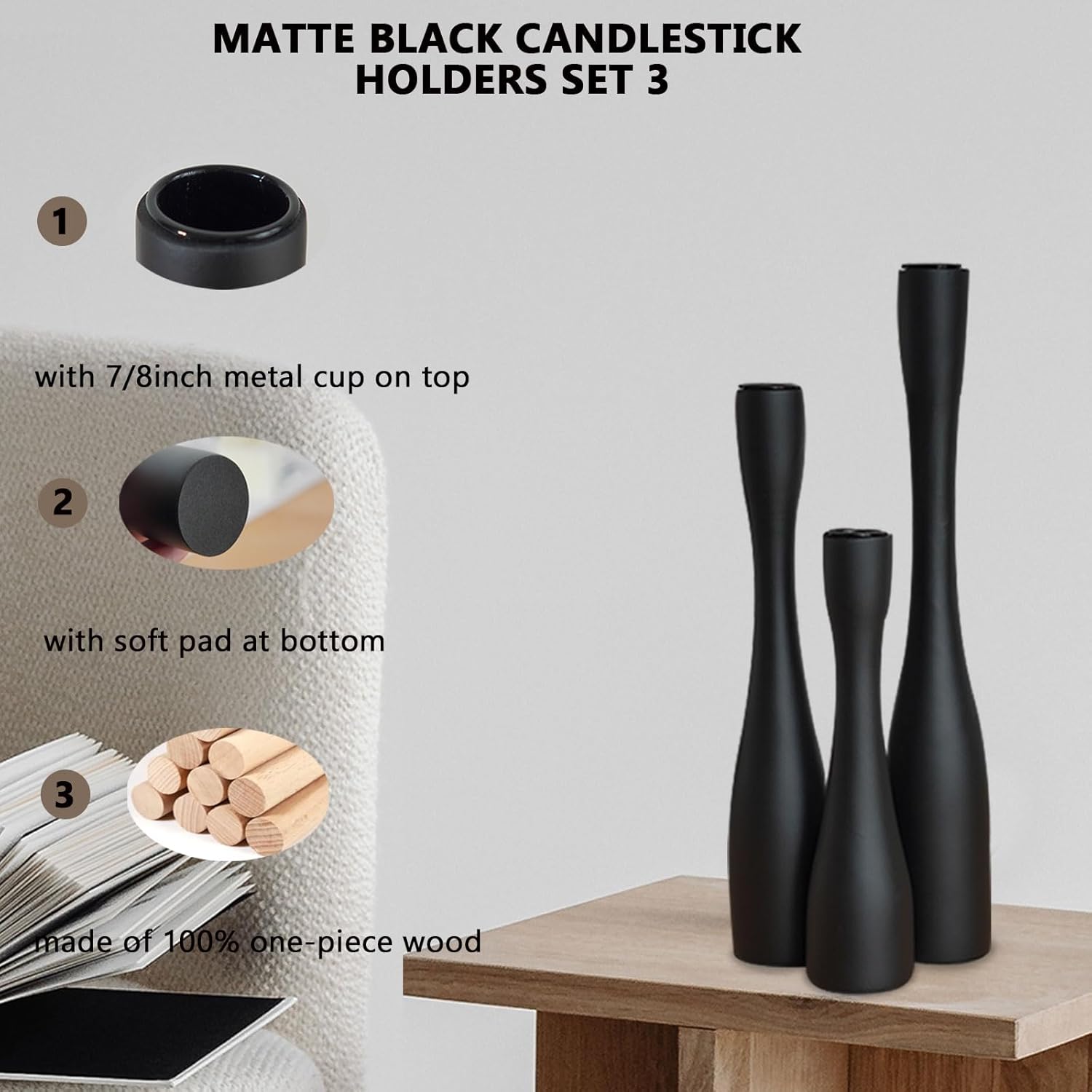 Candle Holder Black Candlestick Holders 3,Tall Taper Candle Holders Set of 3 for Candlesticks(12"/10"/7.5" H),Modern Farmhouse Candle Stick Candle Holder for Decor - Image 2