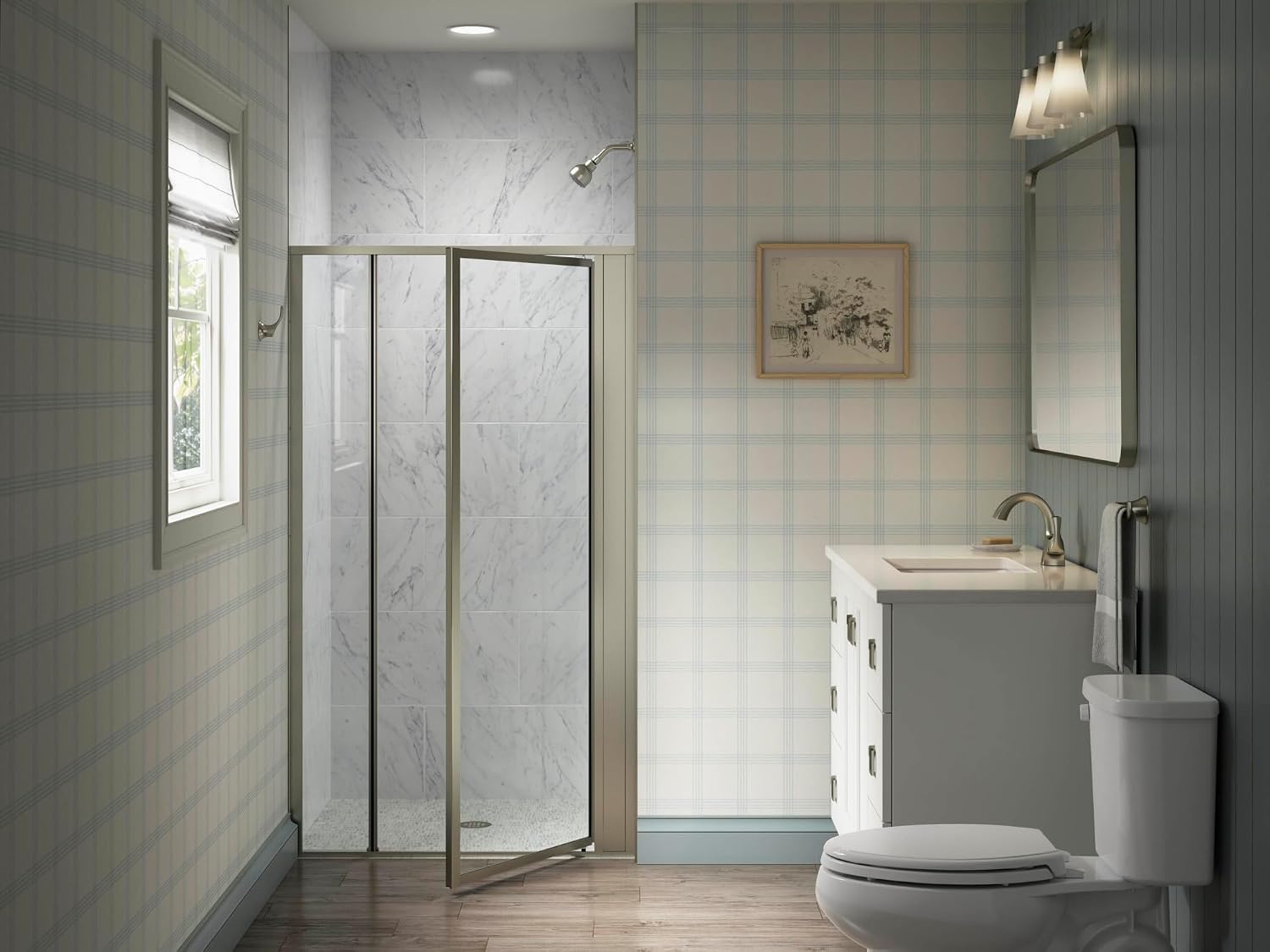 Sterling 33609-3G05-N Attend™ 69" H Pivot Shower Door with 1/8"-Thick Glass, Nickel Frame Finish with Smooth/Clear Glass Texture