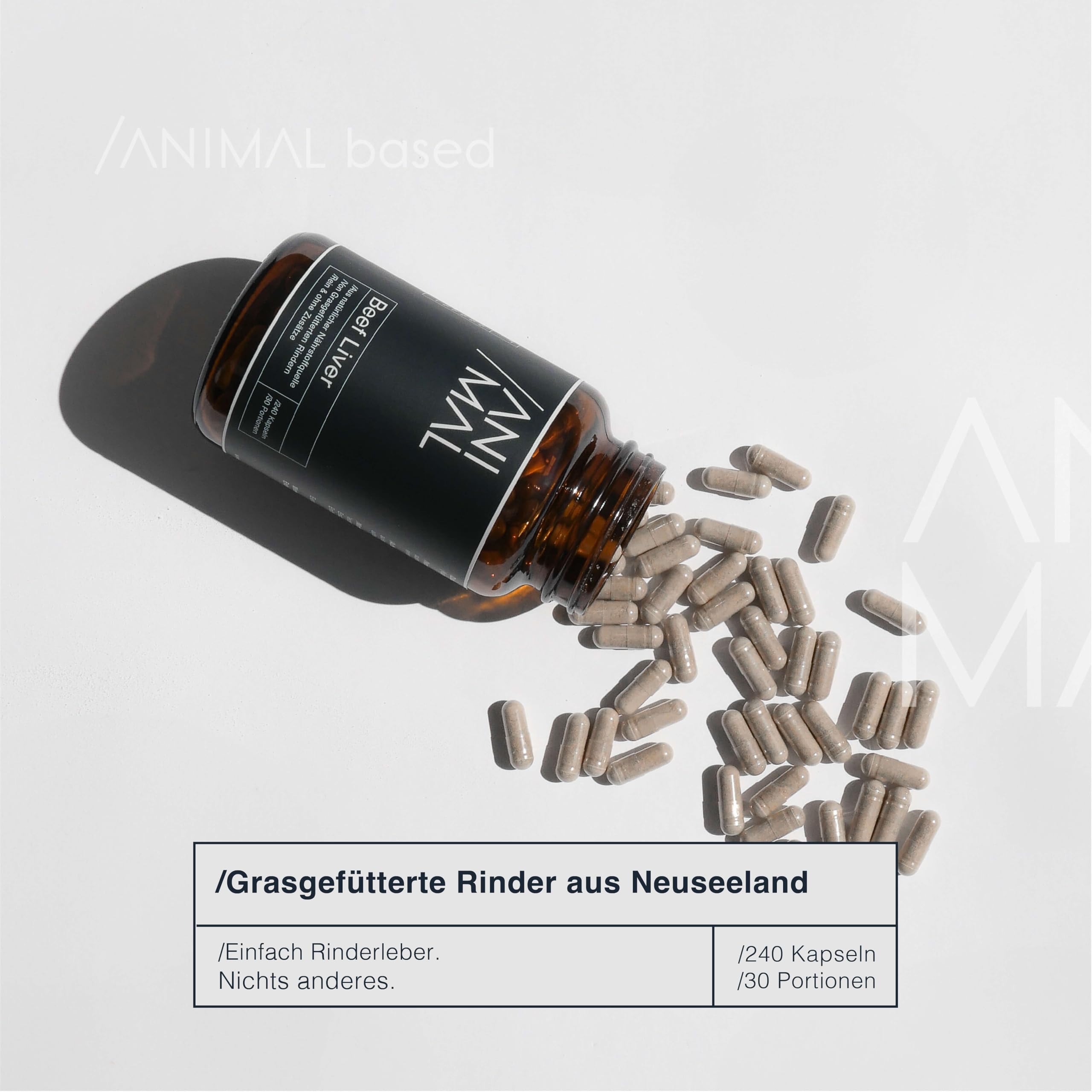 Animal Based Rinderleber [240 Kapseln] - Natürliches Eisen, Vitamin A, B12, Kupfer - Grass Fed Beef Liver - Weidequalität aus Neuseeland - Optimale Nährstoffaufnahme - Halal zertifizierte Rohstoffe