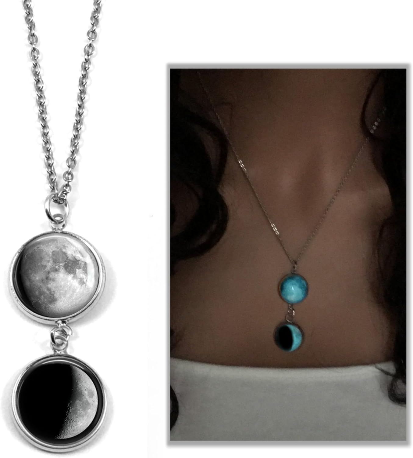Custom Glow in the Dark Birth Moon Necklace – Personalized Stainless Steel Pendant with 1 to 4 Lunar Phase Charms, Engraved Date Jewelry for Mom, Wife, or Her Gift, Hypoallergenic & Nickel Free