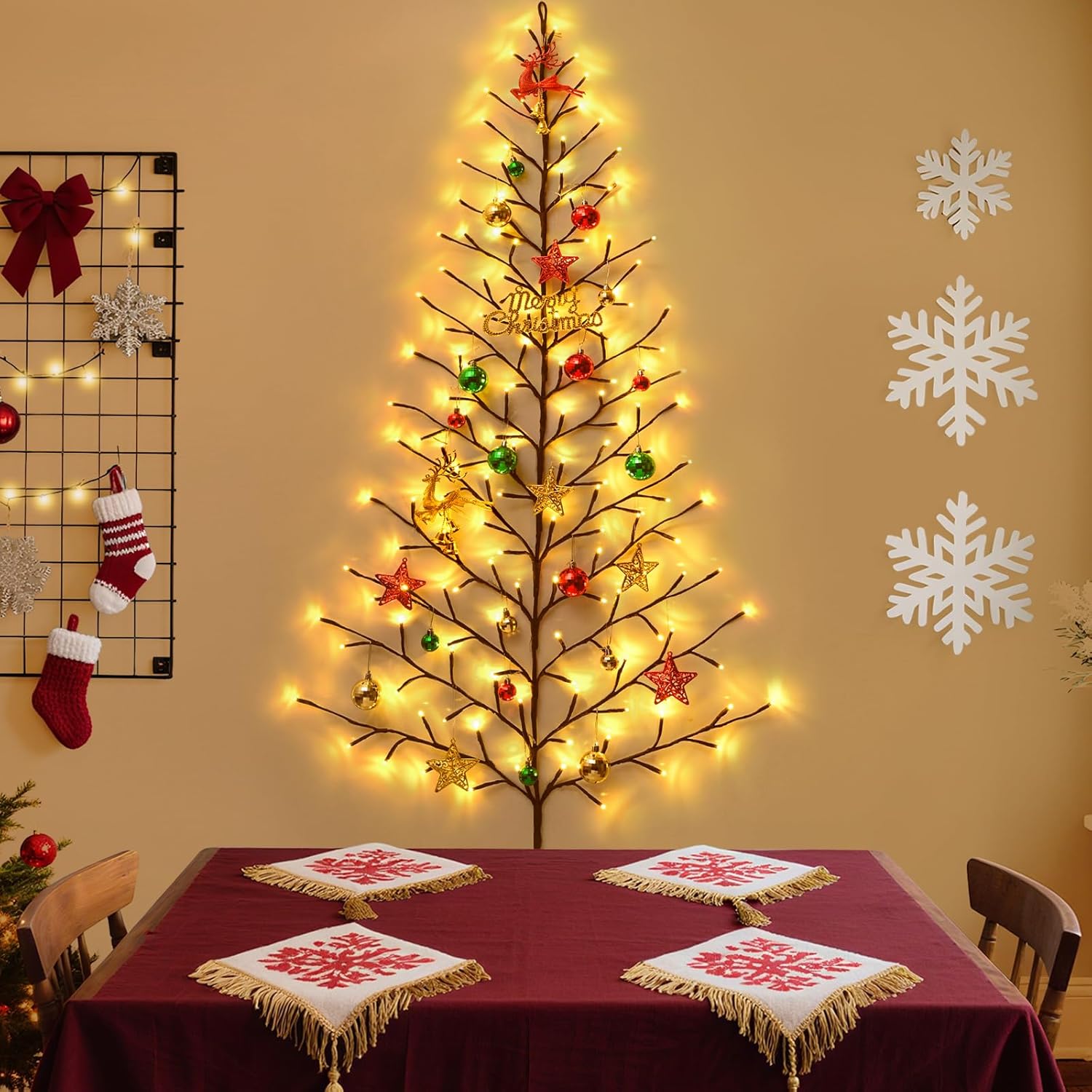 Yinhua 5 FT Wall Christmas Tree Light, Light Up Wall Tree with Remote Timer, 27 PCS Christmas Ornaments, 144 LED Lighted Christmas Tree with 8 Lighting Modes 10 Dimming Levels, Xmas Wall Decor, Gift