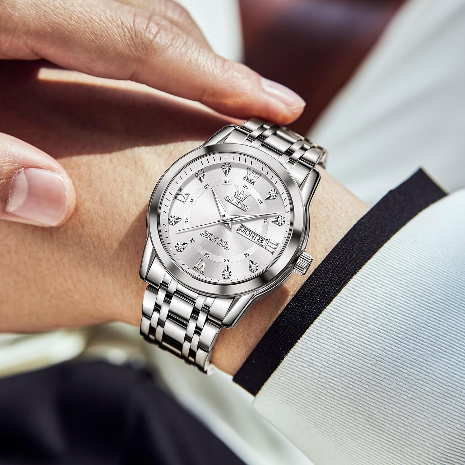 OLEVS Men's Stainless Steel Watch, Large Face Roman Numerals Diamond Accented Three-Hand Analog Quartz Watches for Men, Easy to Read Day Date Waterproof Luminous Mens Wristwatch - Image 2