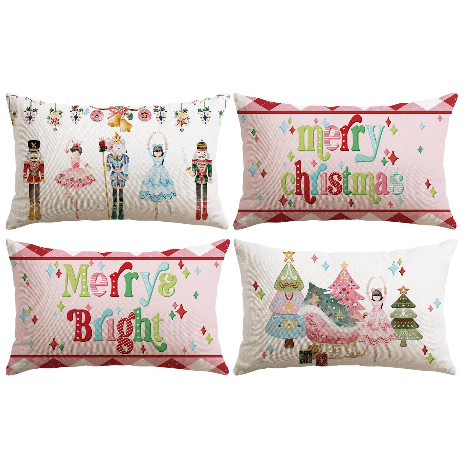 JOTOM Christmas Cushion Covers 40x60 cm Set of 4 Nutcracker Xmas Trees Decorative Throw Pillow Covers Merry Christmas Cushion Cases Winter Holiday Decoration for Home Couch Decor (Nutcracker Pink)