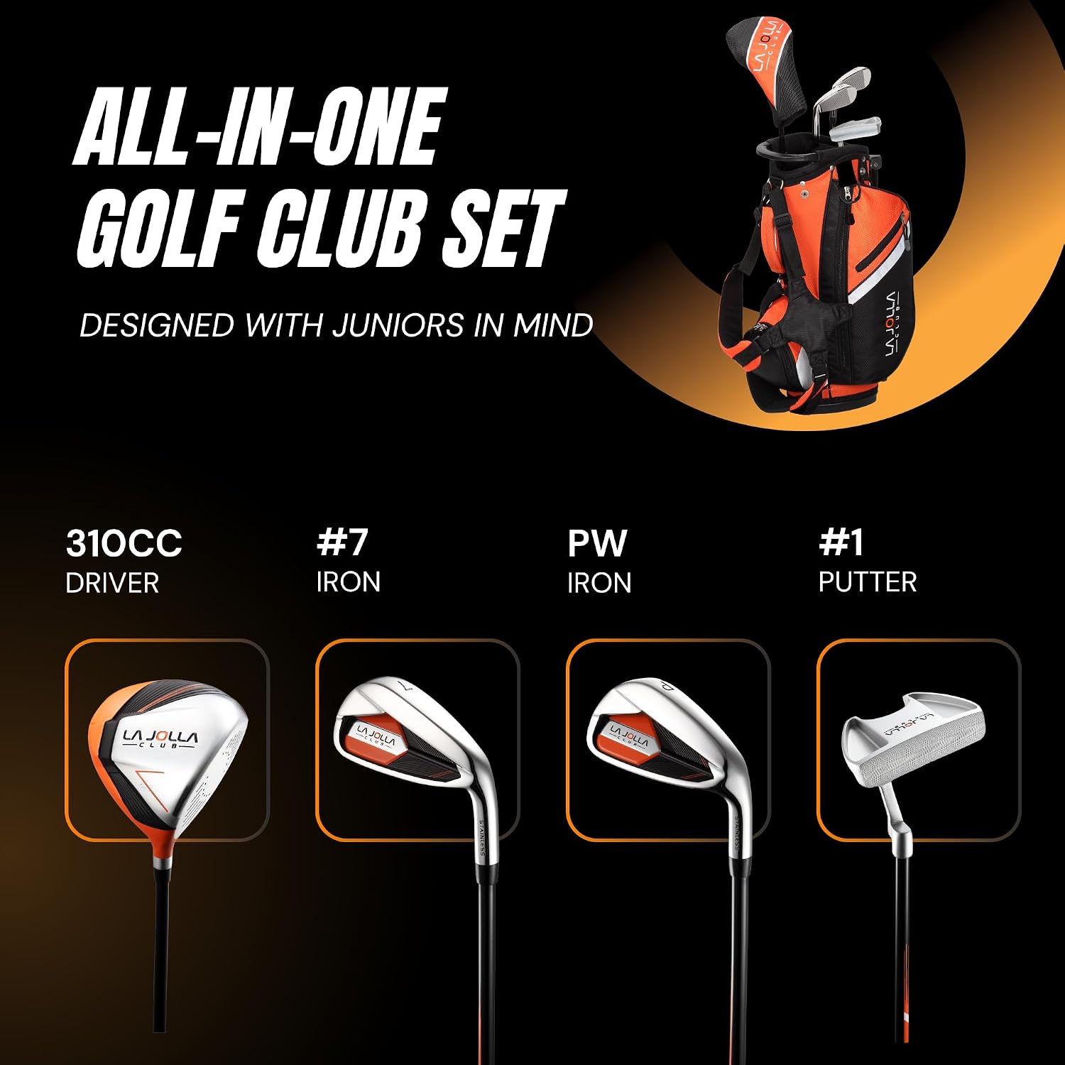 Junior Golf Set – Lightweight Alloy Driver, Stainless Steel Irons & Zinc Putter | Includes Dual-Strap Stand Bag