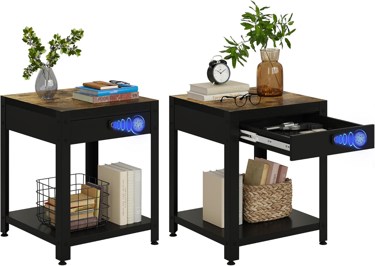 Nightstand Set of 2 with Hidden Locking Compartment, Smart Fingerprint Gun End Table, Secure Storage Cabinet for Handguns and Valuables, Quick Access Small storage coffee table for Bedroom or Office