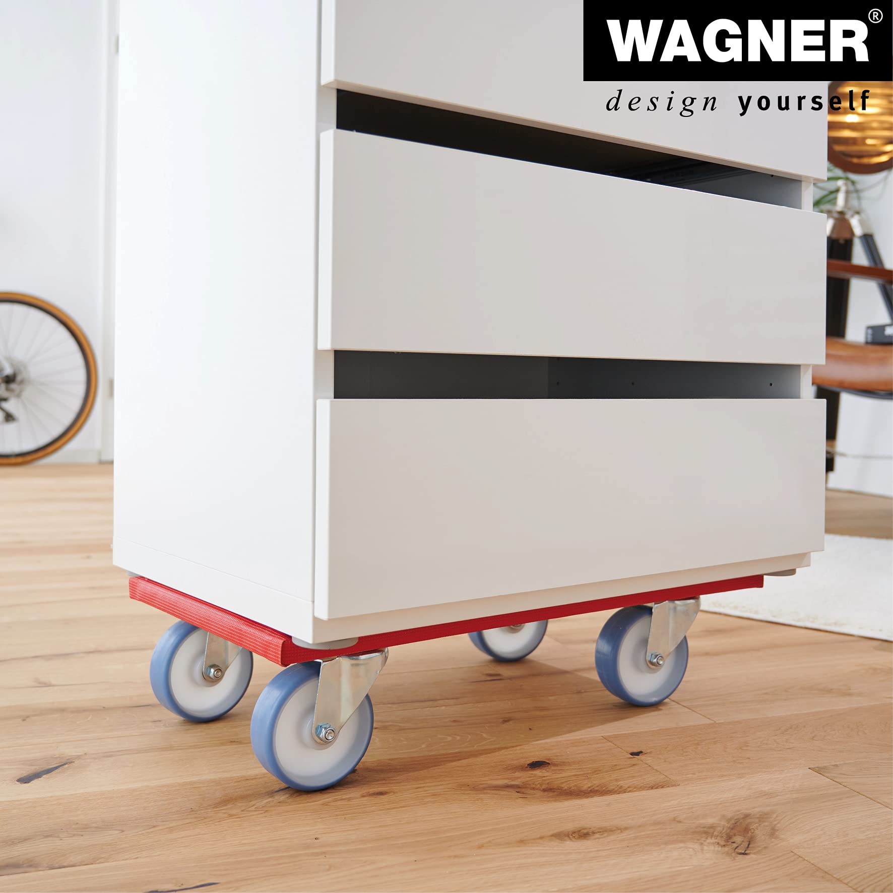 WAGNER Transportroller Transporthilfe 1396 I Multiplex I 57,5 x 30 x 14 cm, Tragkraft 400 kg I Schonbezug gepolstert I Schwerlastrollbrett wasserabweisend I Möbelroller für Umzüge I FSC® I Made in DE