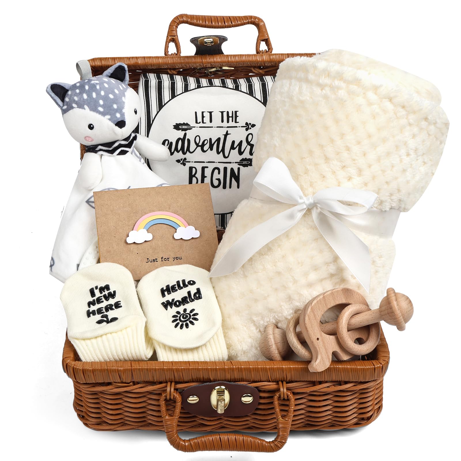 Neugeborenen Geschenk, 7-in-1Baby Geschenkset für Mädchen:Baby Decke,Schmusetuch, Baumwoll-Babybody, Lätzchen,Socken in Geschenkbox|Baby Geburt Geschenk, Babyparty-Schwarz