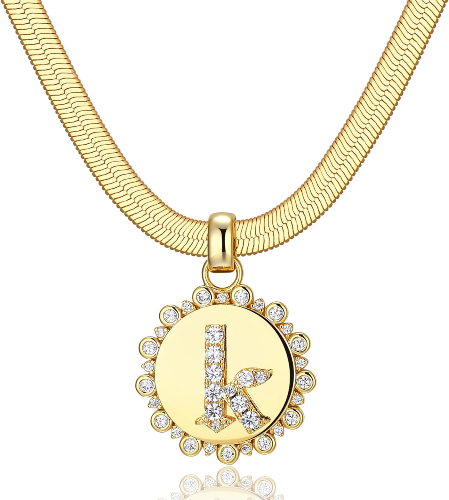 Aurelia Mae Herringbone Initial Disc Pendant Necklace 18'' | 5mm Thick Herringbone Choker Sparkle Coin Medallion Diamond Initial Letter Necklace