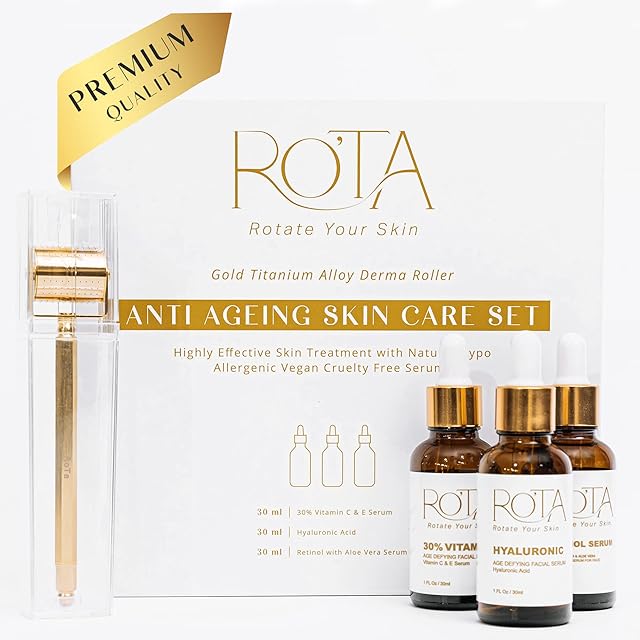Gold Titanium Derma Roller With Natural Anti Aging Serum Set w/Vitamin C, Hyaluronic Acid, Retinol serum & 0.5mm Micro-needles