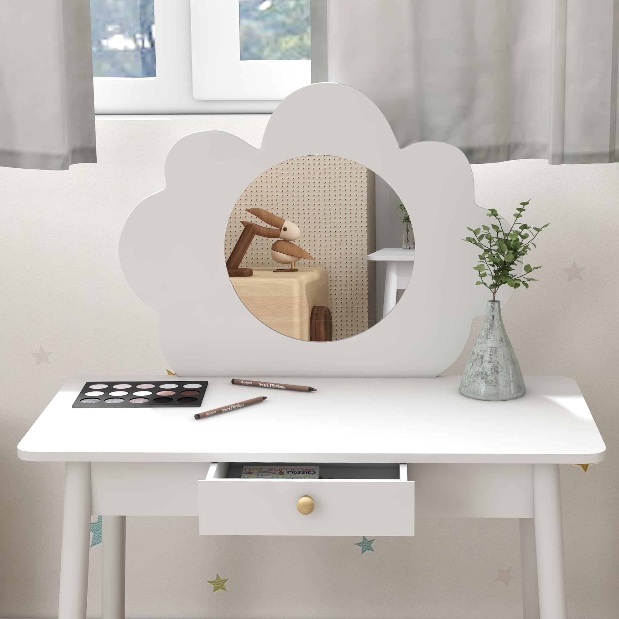 AIYAPLAY Set da Trucco per Bambine 3-6 Anni con Sgabello da Trucco, Tavolo Toeletta con Specchio a Nuvola e Cassetto Portaoggetti in Legno, Bianco