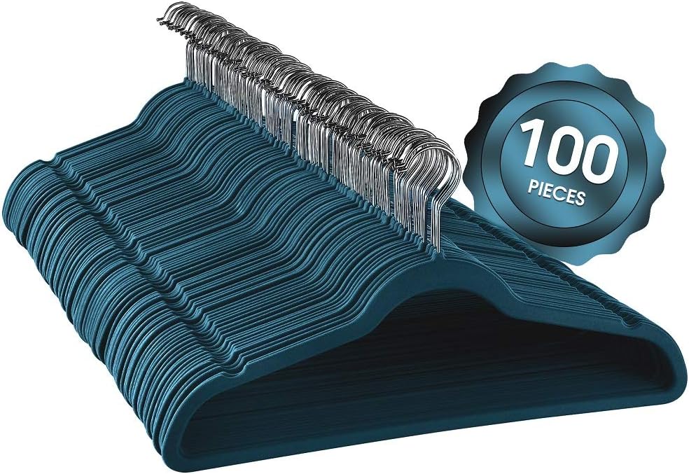 Elama 100 Piece Set of Velvet Slim Profile Heavy Duty Felt Hangers with Stainless Steel Swivel Hooks in Blue