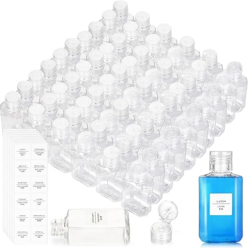 Paquete de 60 botellas de plástico recargables con tapa abatible, desinfectante de manos vacío transparente de 2 onzas con tapa abatible, recipiente