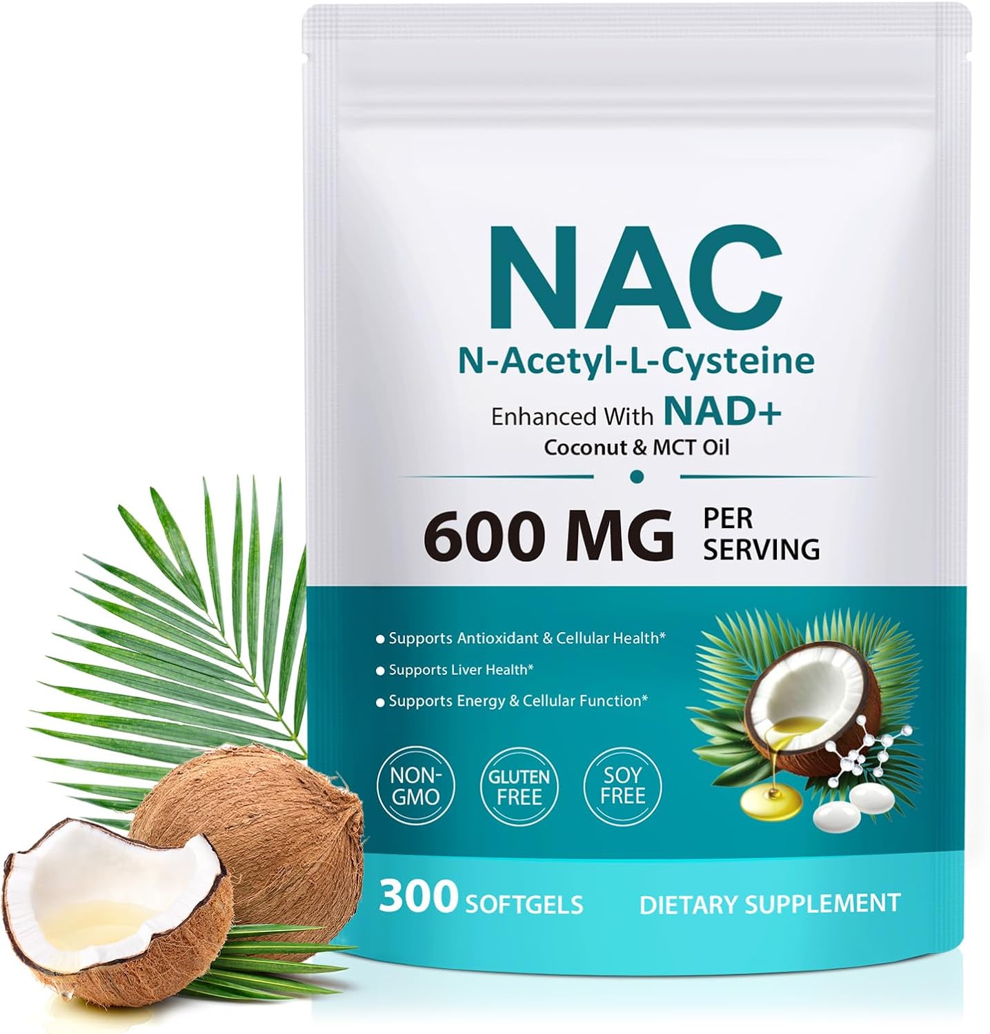 AIQIUSHA NAC Supplement 600mg, N-Acetyl Cysteine Softgels with Coconut & MCT Oil, Daily Wellness Support, Non-GMO, Gluten Free, 300 Softgels (1 Pack)