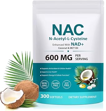 N-Acetyl Cysteine NAC 600mg, 300 Softgels with Coconut & MCT Oil Blend Non-GMO, Gluten Free & Lab Tested Dietary Supplement 100-Day Supply