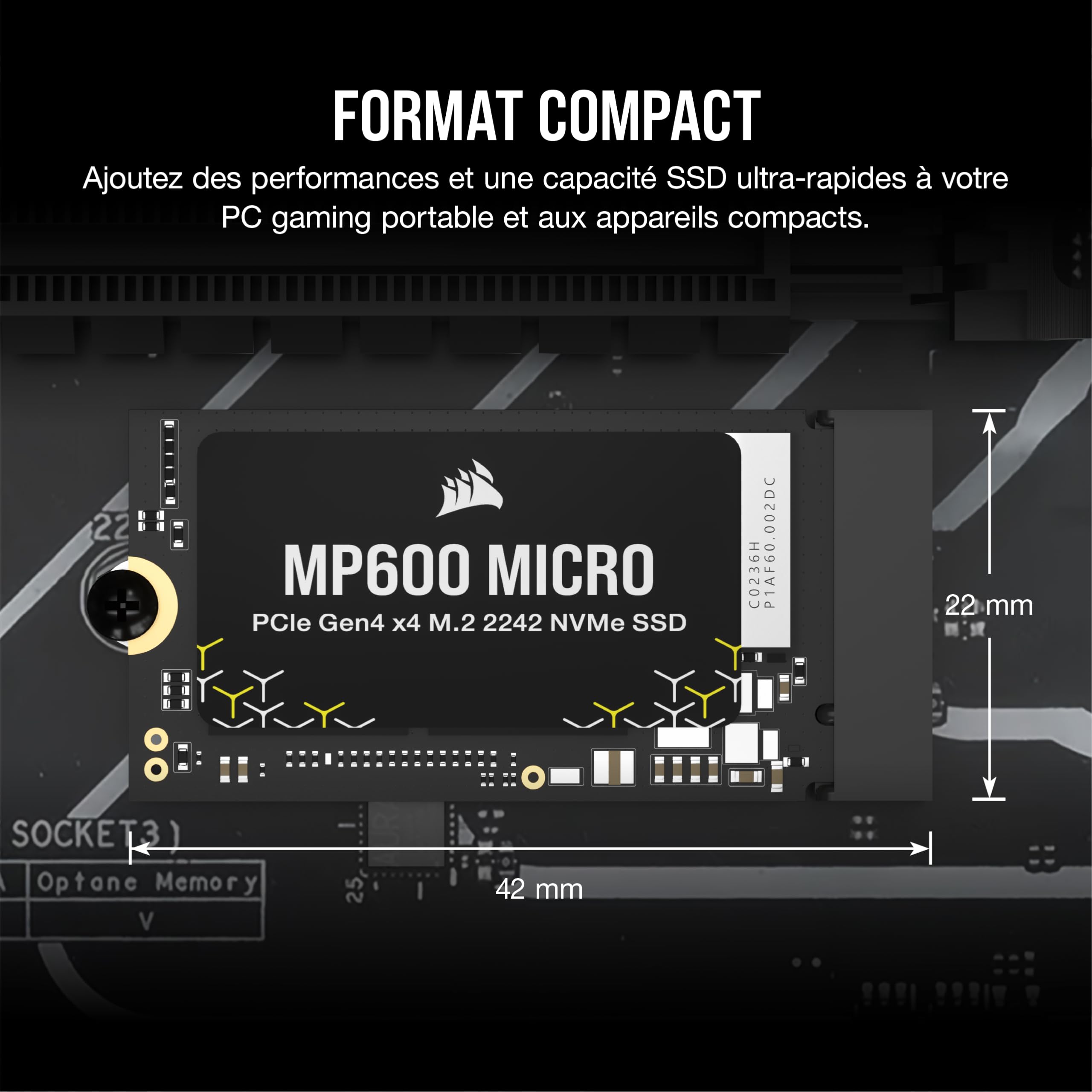 Corsair MP600 Micro 2 to M.2 NVMe PCIe x4 Gen4 SSD – M.2 2242 – Jusqu'à 7 000 Mo/s en Lecture Séquentielle – Compatible avec Les Ordinateurs Portables Lenovo Legion Go et Thin PCIe 4.0 – Noir