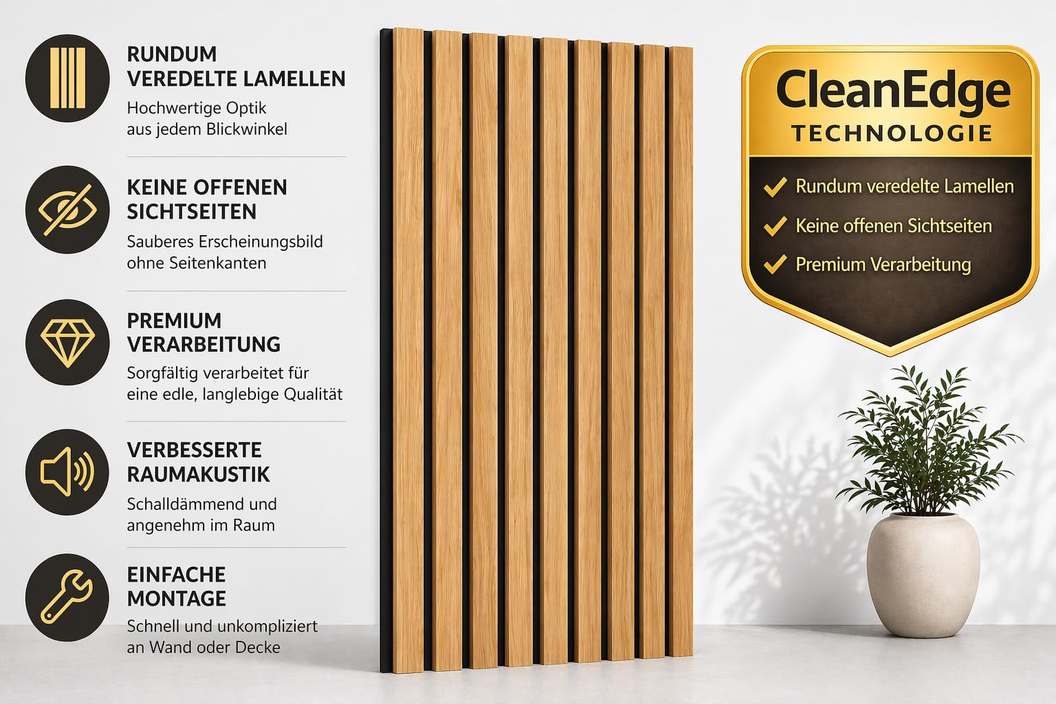 Leiste24 Akustikpaneel 2600 x 400 mm Schwarz Eiche Natur | Lamellenverkleidung mit schwarzem Akustikfilz, Wandverkleidung im Lamellendekor Eiche Natur für moderne Innenräume