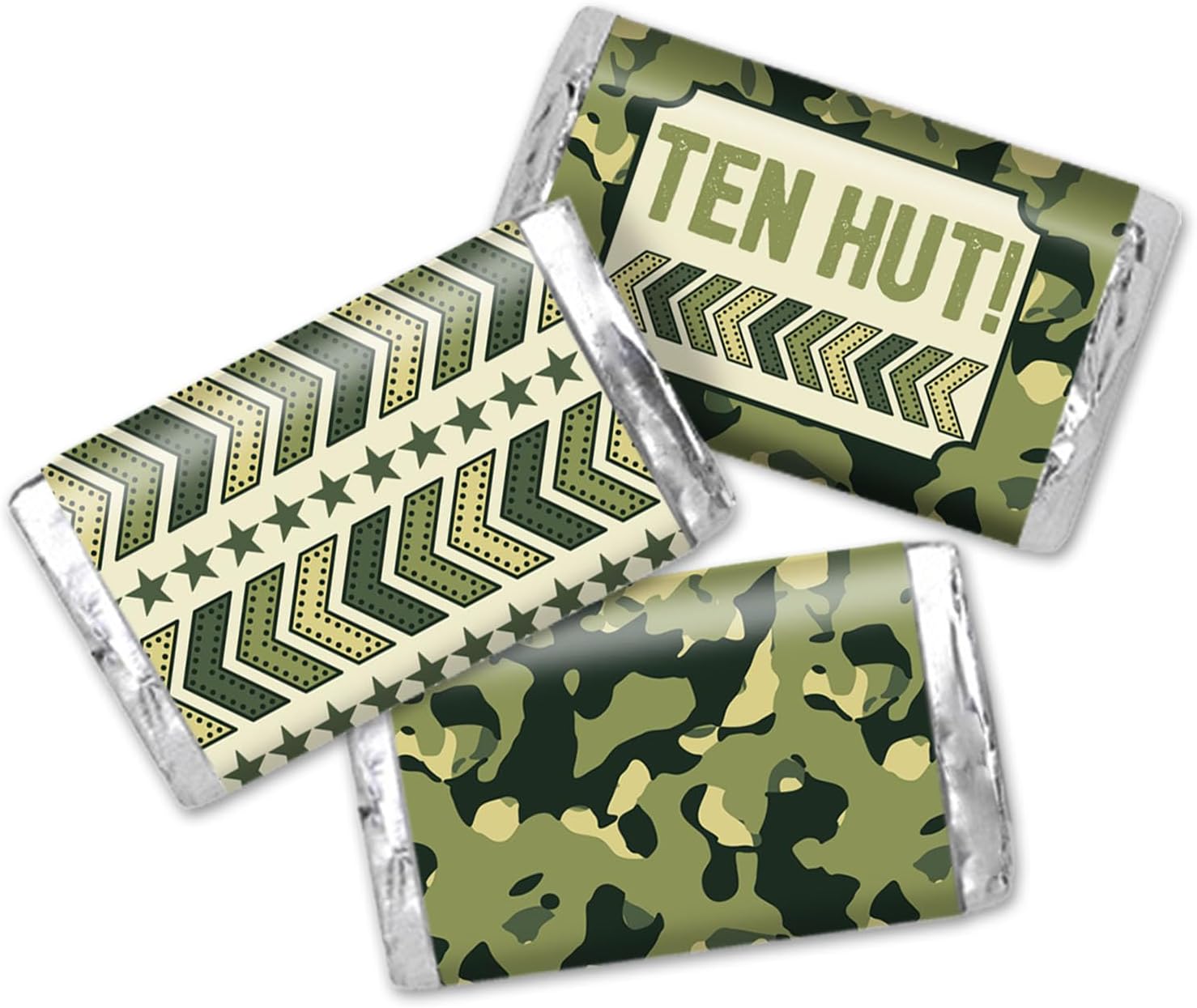 Amanda Creation Military Themed Candy Wrappers, 45 Army Camouflage Bar Labels 1.4 x 2.6 Inch, Camo Candy Party Favors for Birthday Treats for Kids, Full-Coverage Self-Adhesive Design, Made in USA