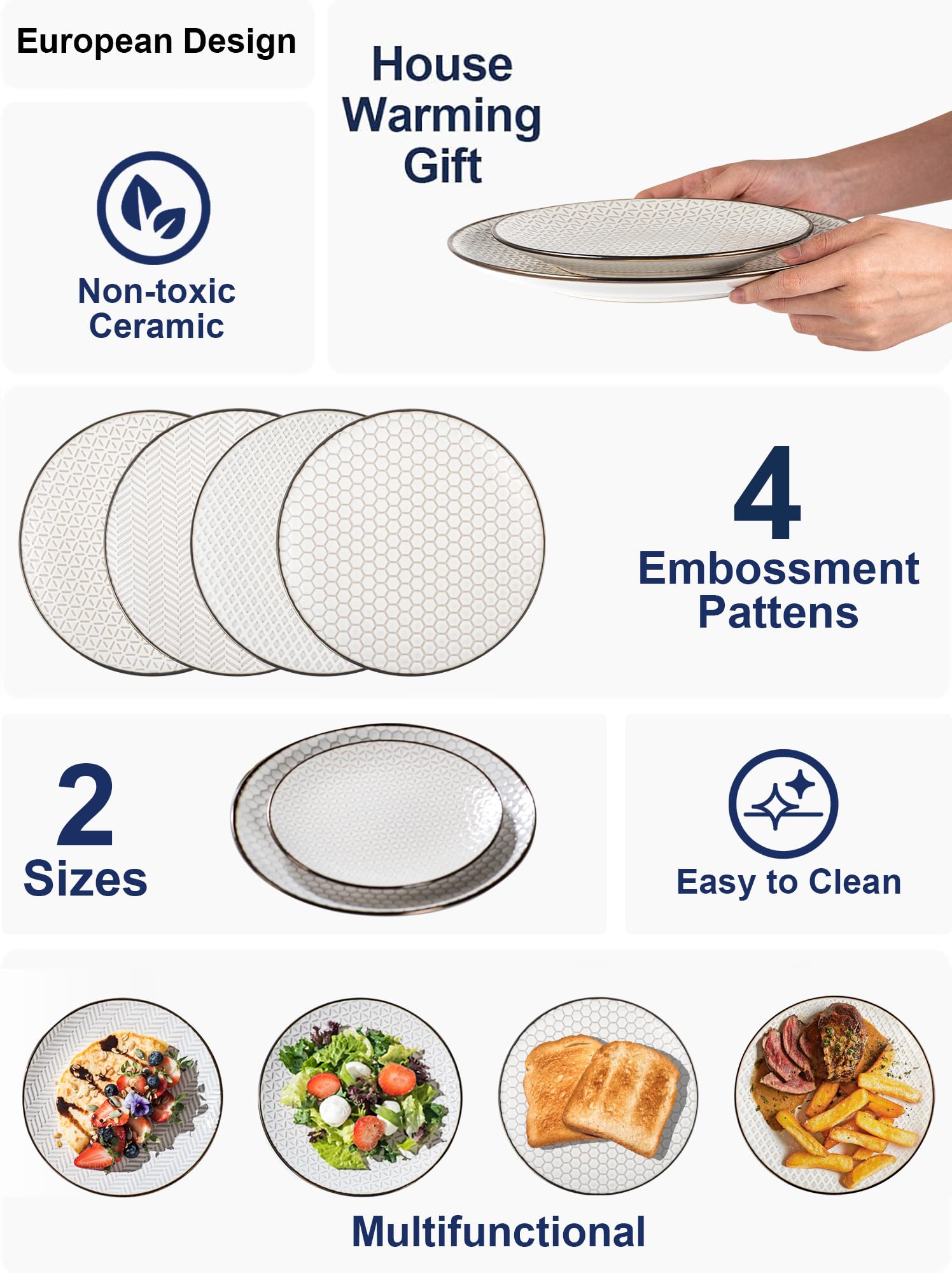 Set di 4 piatti da portata in ceramica, piatti da portata in gres goffrato da 10,5 pollici per la cucina, resistenti ai graffi, adatti al forno, al microonde e alla lavastoviglie, bianchi