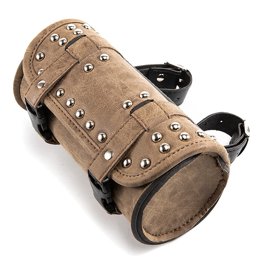 Borsa universale per attrezzi da manubrio di moto, in pelle ecologica in poliuretano, marrone, con rivetti, per Sissy Bar o portapacchi posteriore
