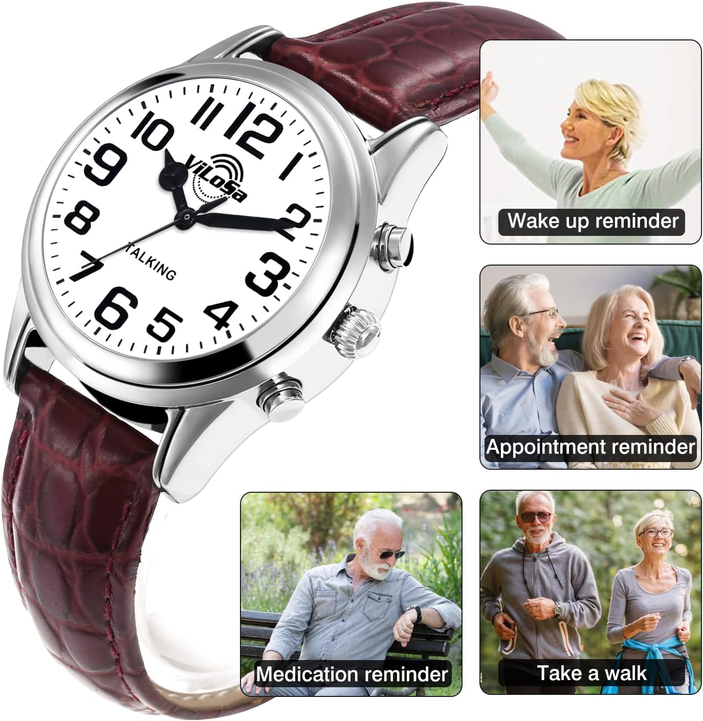 Diagram showing the dimensions of the ViLoSa Talking Watch and its strap.