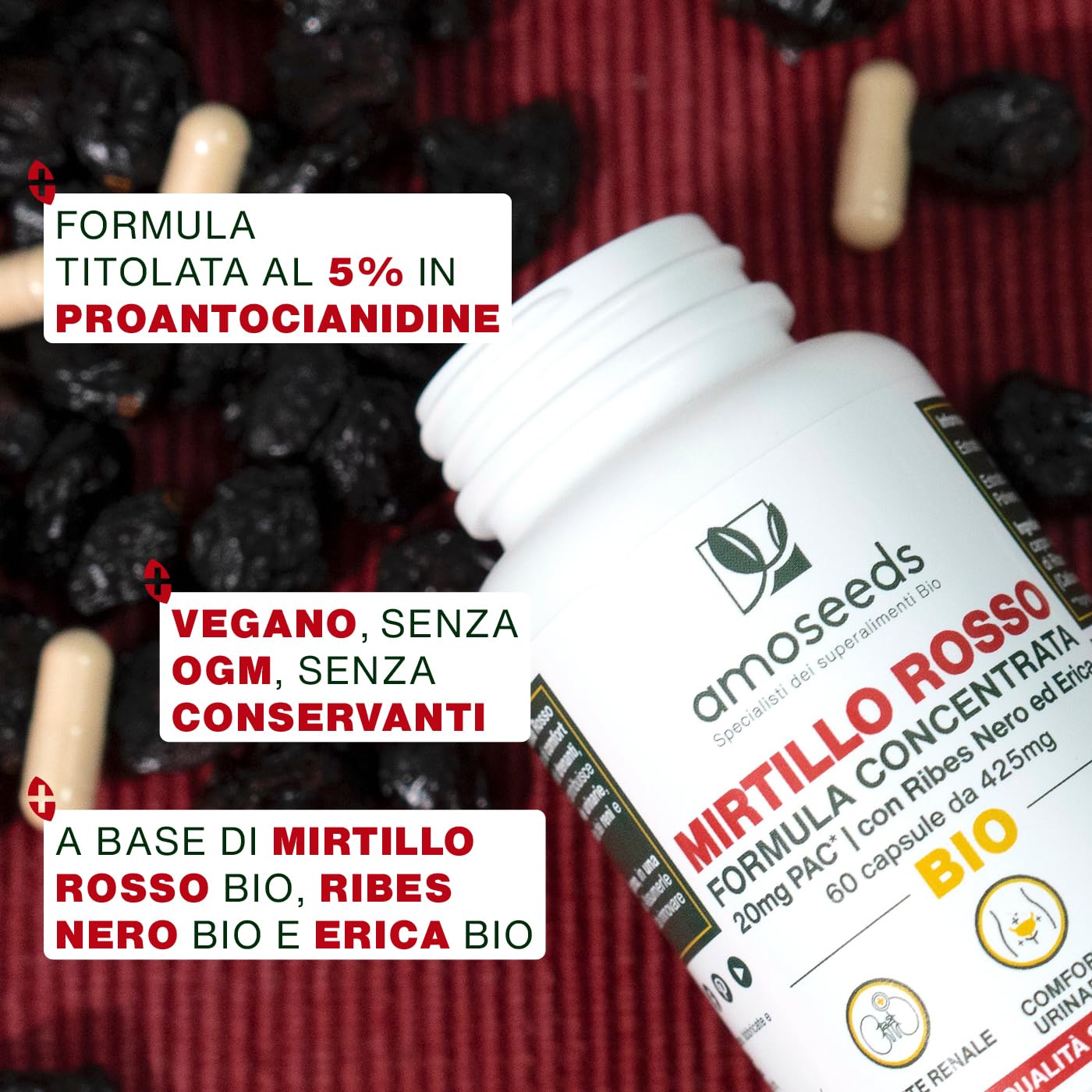 Mirtillo Rosso BIO | 5% PAC, Estratto ad Alta Concentrazione | Comfort Urinario, Reni, Vescica | Formula con Ribes Nero e Erica Bio | 60 capsule | Qualità Superiore