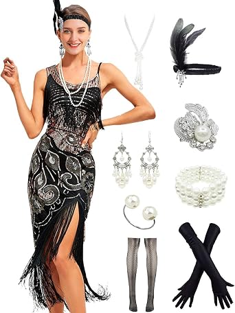 1920s Flapper Gatsby Sequined Peacock Pattern Dress Women Long Fringed Art Deco Dress w/ 20s Accessories Costume Set
