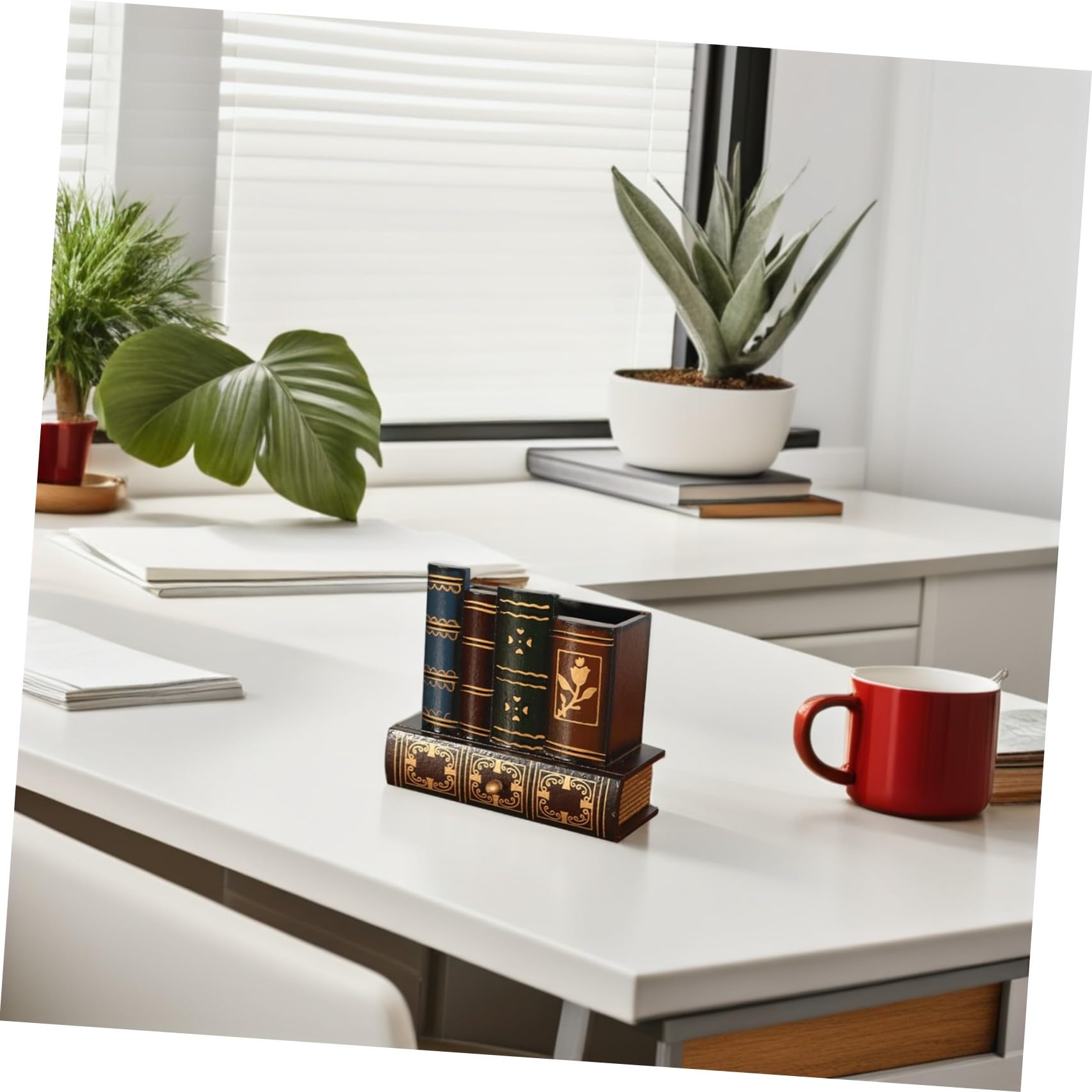 WOONEKY Portalápices Estilo Libro Retro con Cajón, Madera, 2 Piezas