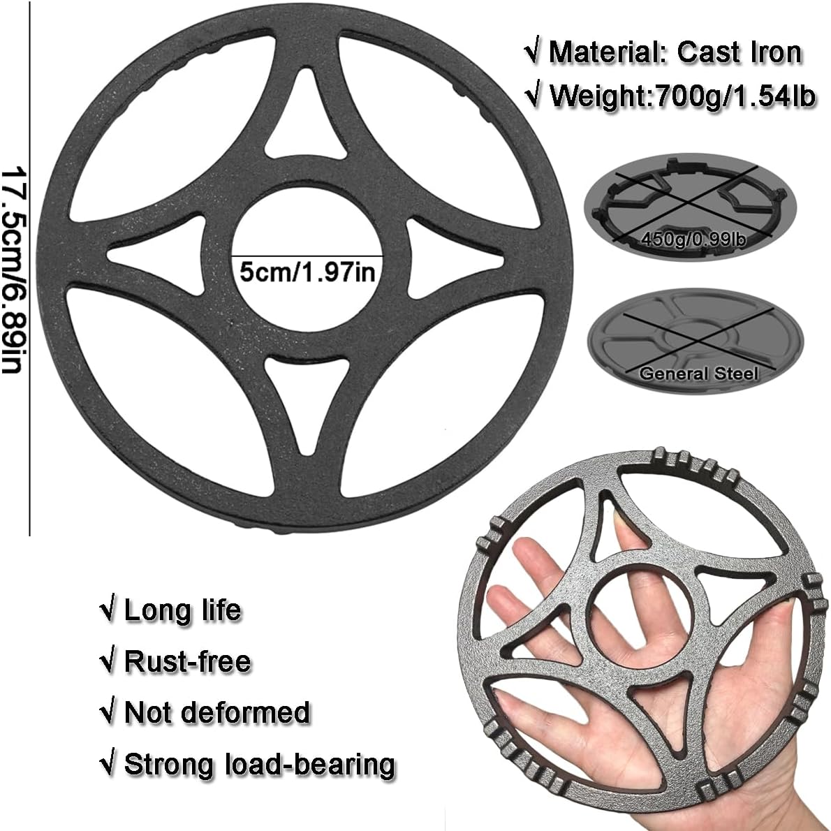 Non Slip Gas Ring Reducer, 6.9 Inch Cast Iron Wok Support Ring, Burner Grate for Moka Pot Butter Warmer Small Saucepan Compatible with Most Gas Stove Range Cooktop (Black)