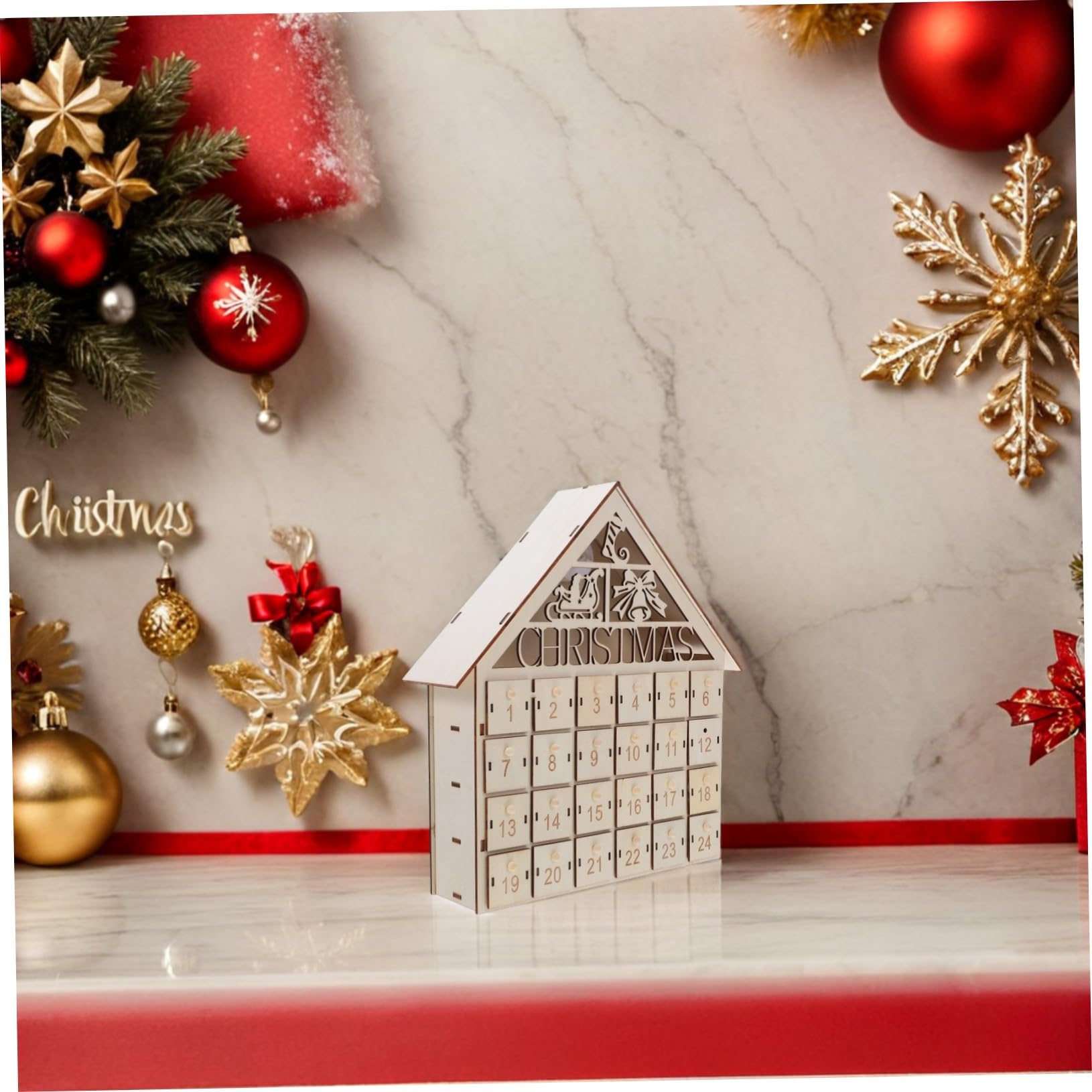 Calendario de Adviento de Navidad de madera con cajones iluminados por LED, reutilizable, rústico, decoración de cuenta regresiva para la familia, bricolaje, festivo, cálido, Navidad, aldea