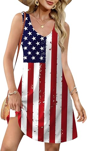 LHBNK 4th of July Dress for Women: American Flag Tank Dresses Star Striped Splicing Loose V Neck Sundresses