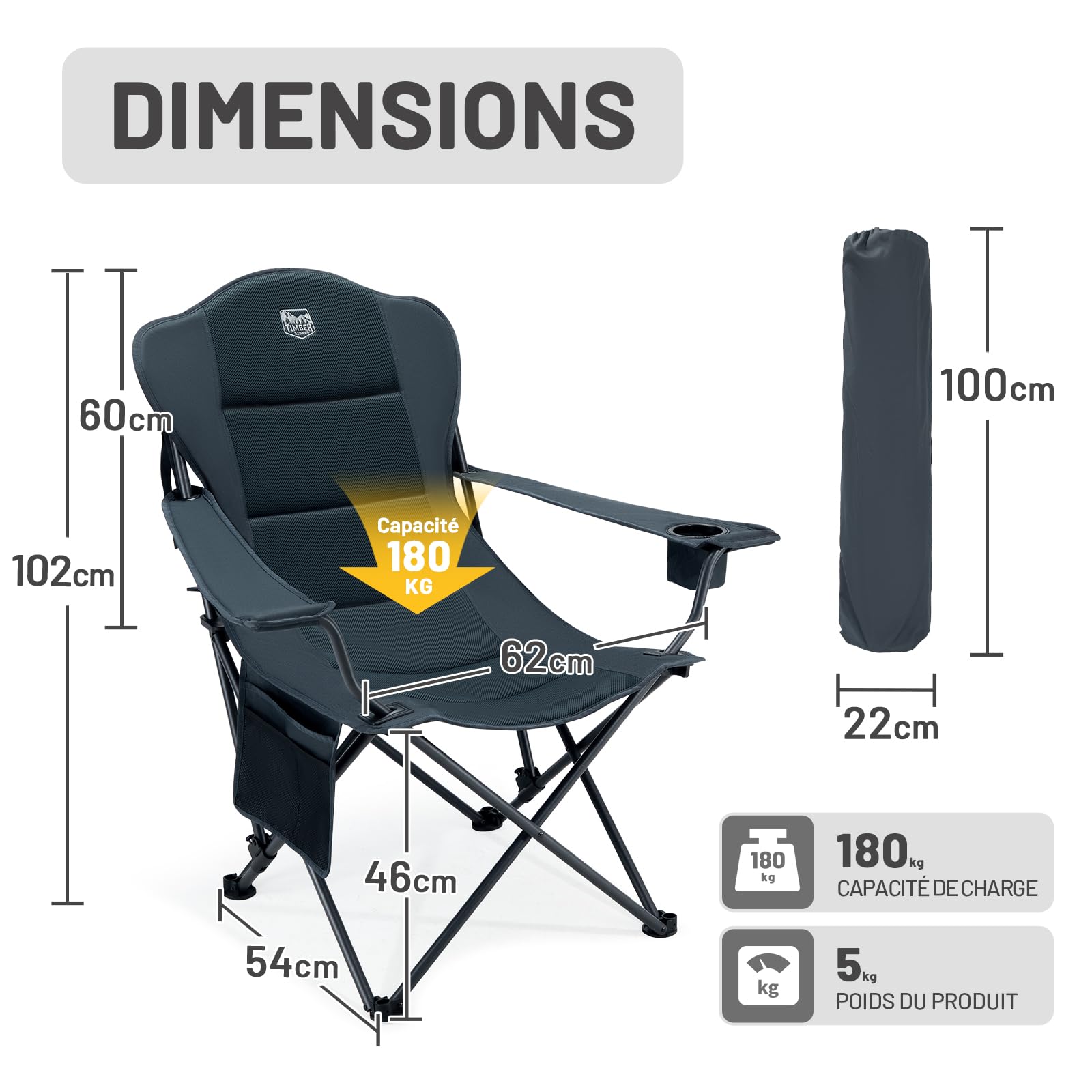 TIMBER RIDGE Chaise de camping pliante 180 kg dossier réglable 3 positions chaise rembourrée pour la pêche largeur d’assise extra 62 cm avec poche latérale et porte-gobelet