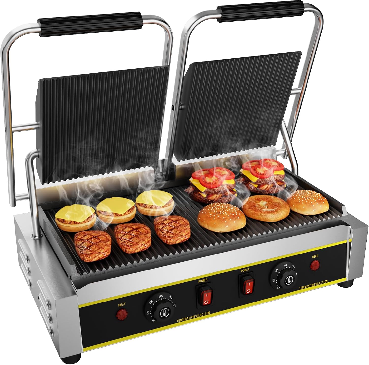 Commercial Panini Press Grill, 3600W lectric Sandwich Panini Maker with Temperature Control 122-572℉, 19.5"×9" Double Non-Stick Full Grooved Plates, Large Grill for Hamburger Steak Bacon