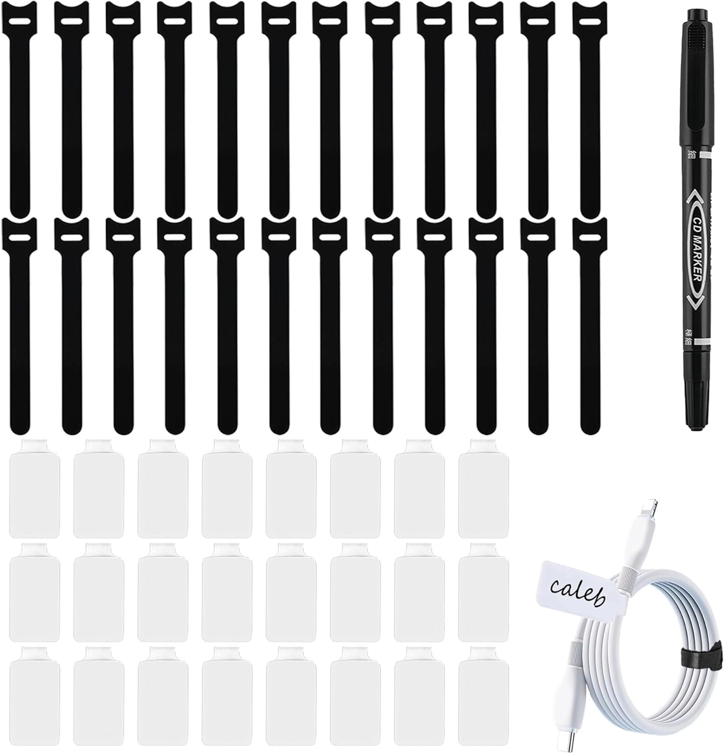 48 Pcs cord labels & Hook and Loop Ties Set with Marker - 24 Labels + 24 Cable Management for Electronics, Home & Office Wire Management