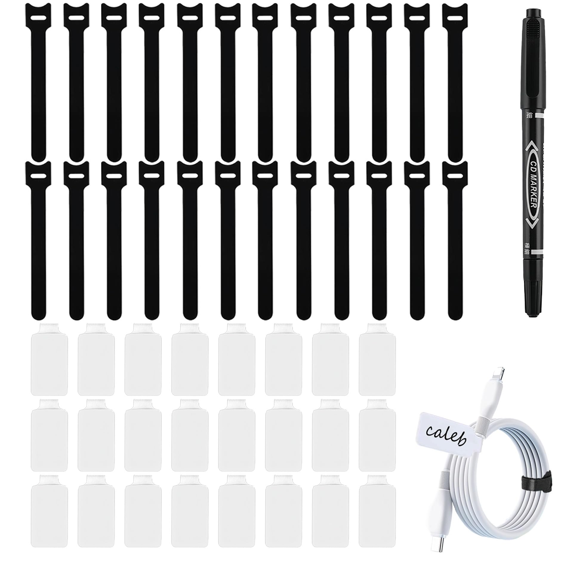 48 Pcs cord labels Hook and Loop Ties Set with Marker - 24 Labels 24 Cable Management for