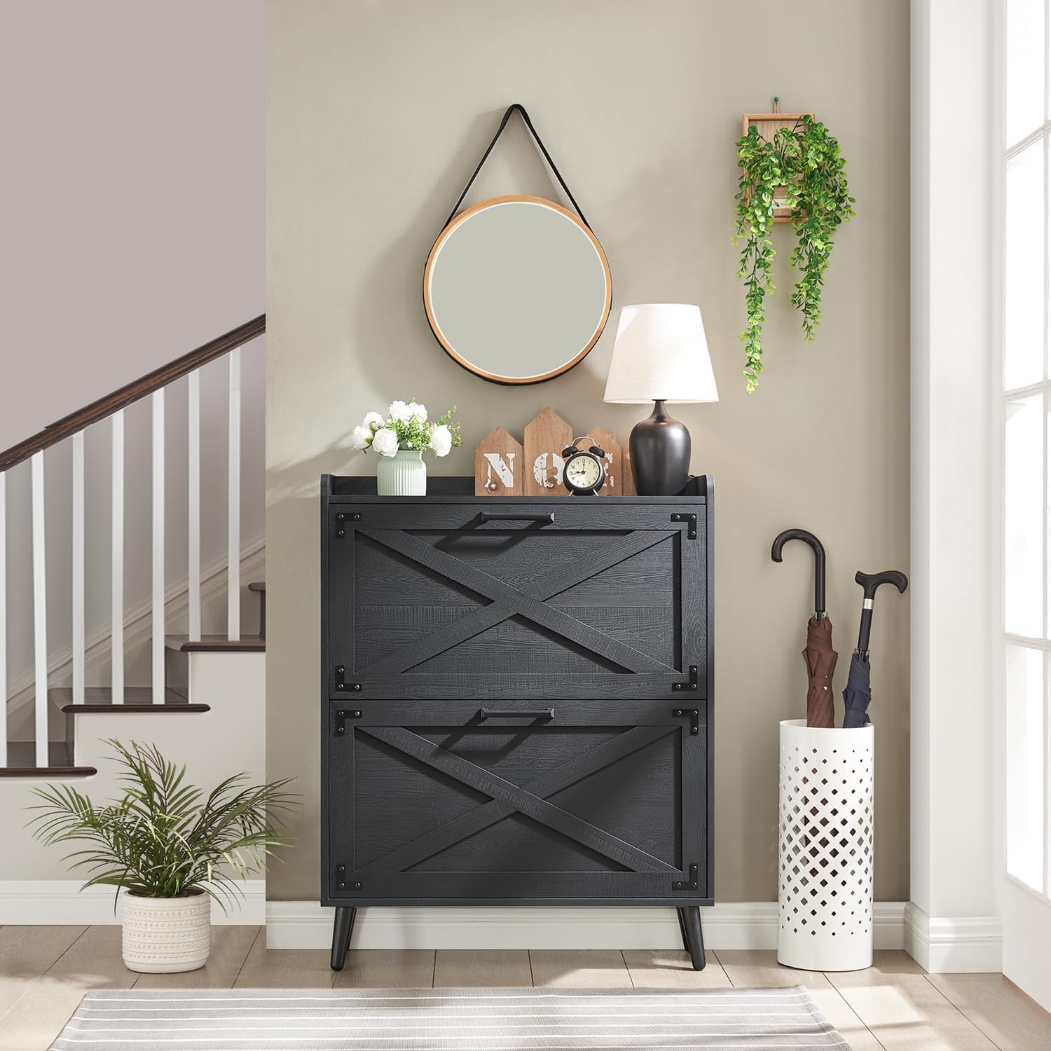 Barnyatoh Shoe Storage Cabinet, Farmhouse Shoe Organizer with 2 Flip Drawers & Barn Door Design, Freestanding Hidden Slim Narrow Shoe Rack Cabinet for Entryway, Foyer, Hallway, Black