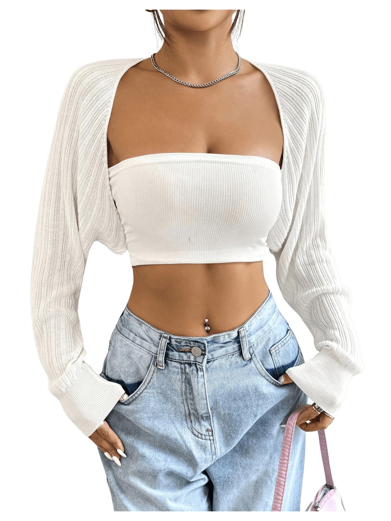 Womens Long Sleeve Open Front Crop Cardigan Drop Shoulder Bolero Shrug Lightweight Sweater