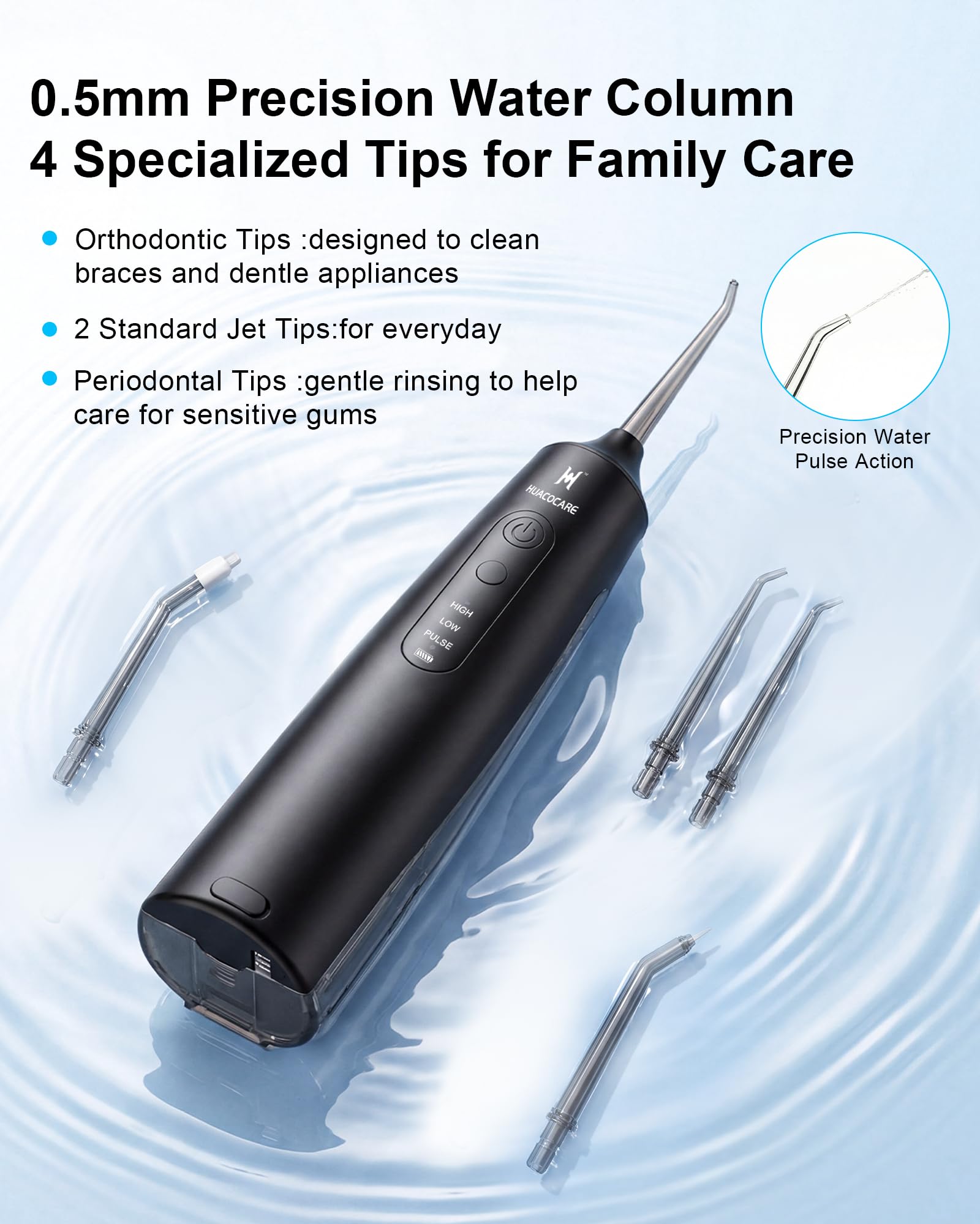 HUACO CARE Irrigador Dental Inalámbrico, 6 Ajustes de Presión y 3 Modos, Tanque 220 ml, Batería 30 Días, Impermeable IPX7, Irrigador Bucal Portátil para Dientes, Encías y Brackets