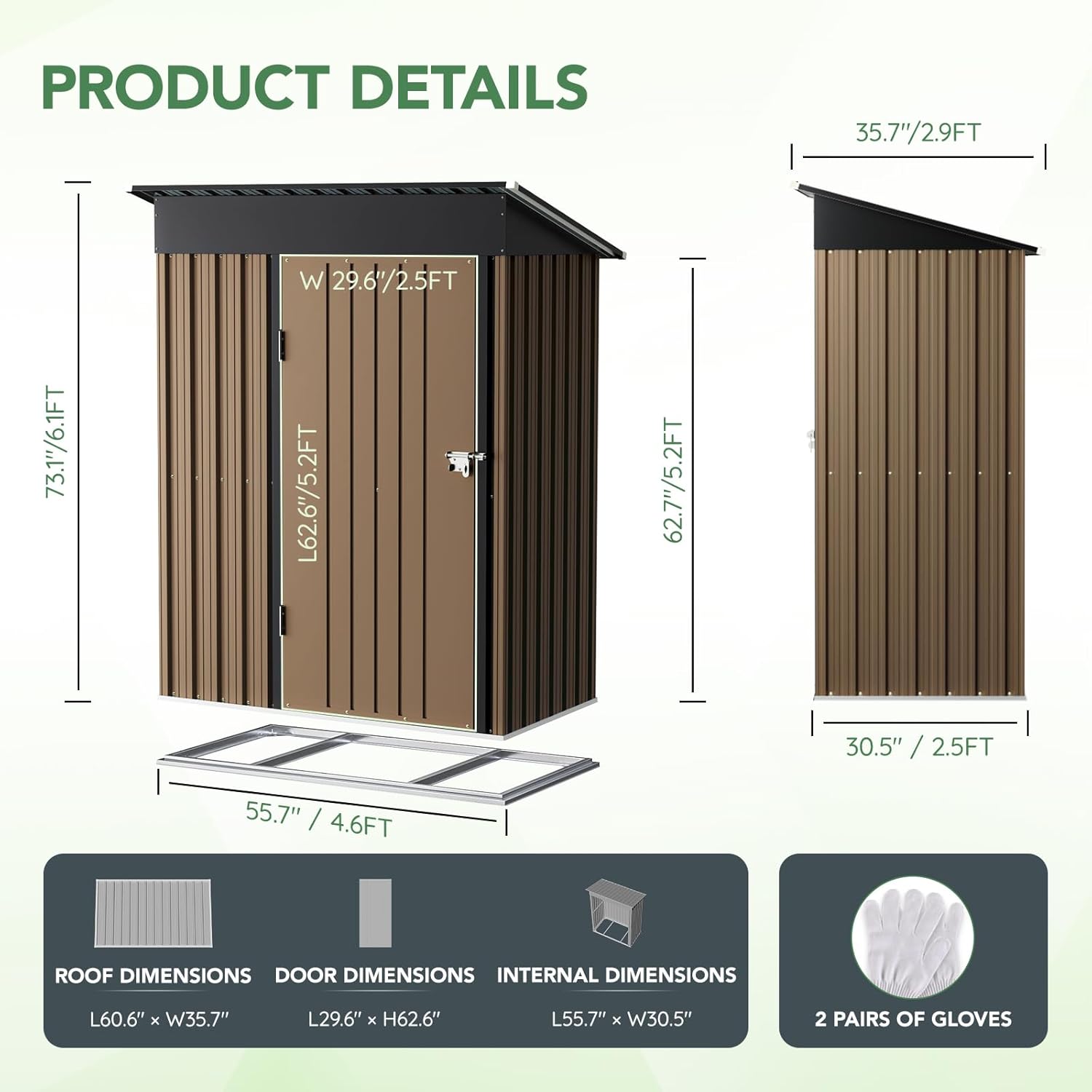 Diagram showing product dimensions and included items like gloves.
