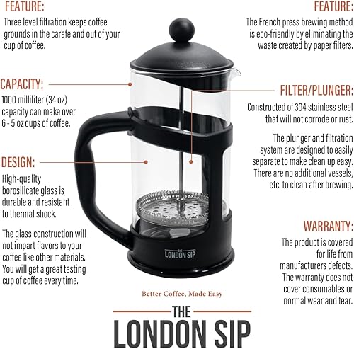 Miniatura 6 de Cafetera de inmersión de prensa francesa con sistema de filtro de acero inoxidable, 12 onzas, color negro