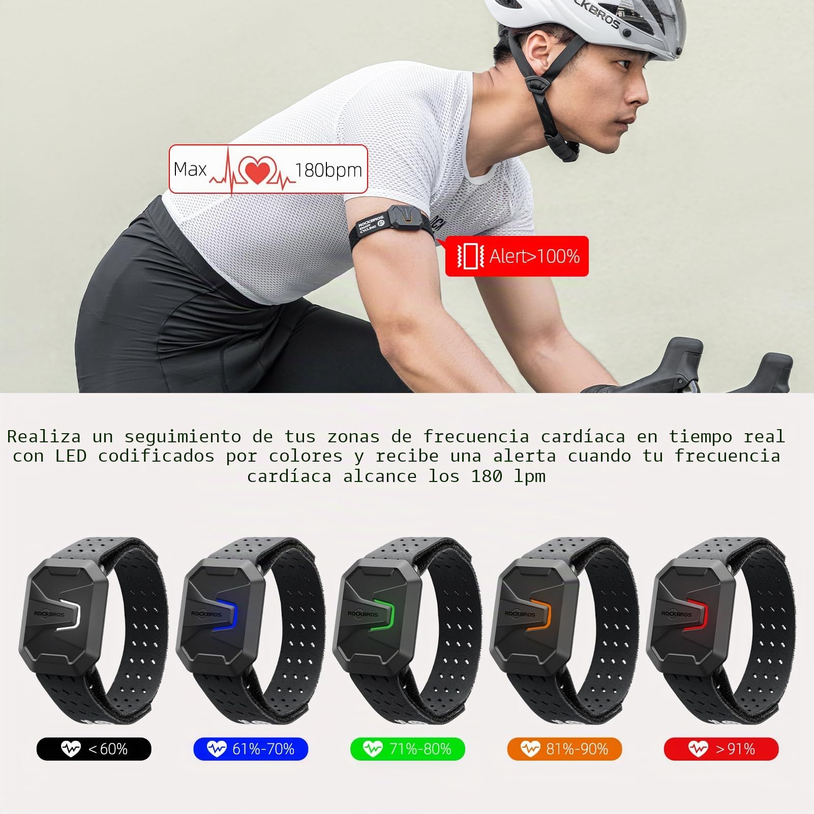 ROCKBROS Monitor de Frecuencia Cardíaca con Bluetooth y Ant+ IP67, Banda de Brazo Deportiva con Indicador LED y Carga Magnética, Sensor Preciso para Ciclismo, Running y Entrenamiento