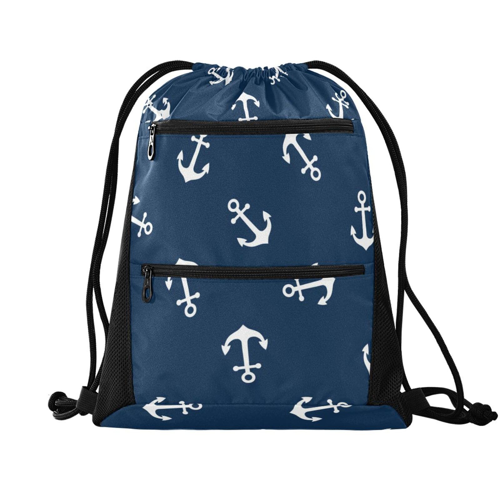 FRODOTGV Nautical Themed Simple Anchors Blue String Bag with Mesh Pockets Sports Gym Yoga Sackpack Water Resistant โ image 1
